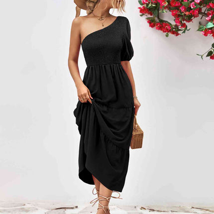 Smocked One-Shoulder Midi Dress