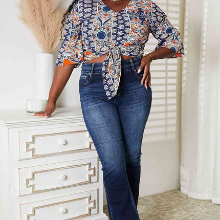 Double Take Tie Hem V-Neck Three-Quarter Sleeve Blouse - Vickie Lynn's