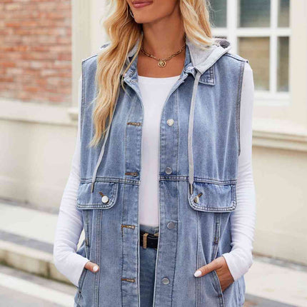 Drawstring Hooded Sleeveless Denim Jacket