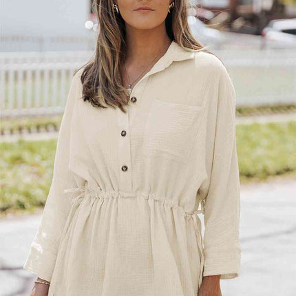 Button-Up Long Sleeve Collared Neck Mini Dress