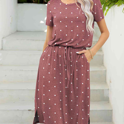 Round Neck Short Sleeve Slit Dress with Pockets