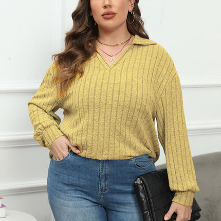 Plus Size Ribbed Collared Neck Long Sleeve Blouse