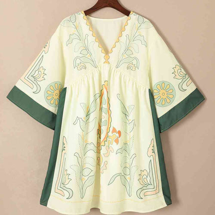 Printed V-Neck Kimono Sleeve Dress