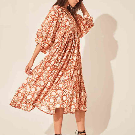 Floral Tie Neck Lantern Sleeve Dress