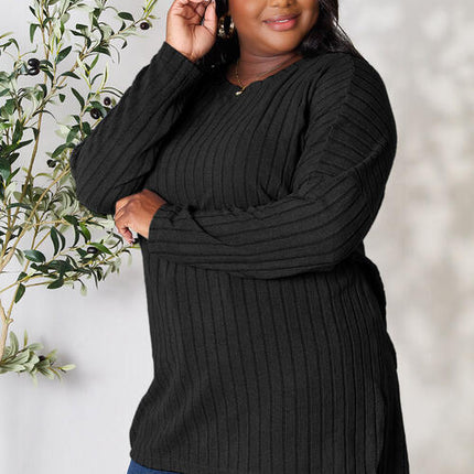 Basic Bae Full Size Ribbed Round Neck Long Sleeve Slit Top - Vickie Lynn's