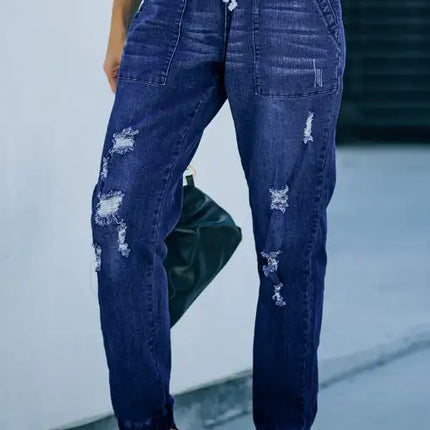 Joggers con bolsillos y cordón desgastado de ajuste relajado Vaqueros rotos 
