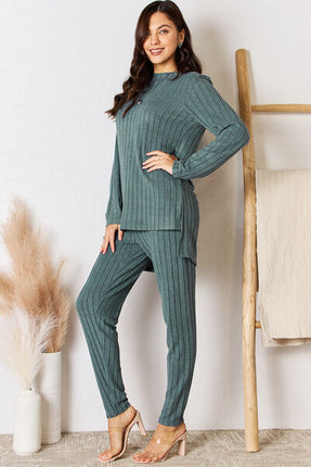 Basic Bae Full Size Ribbed Round Neck High-Low Slit Top and Pants Set - Vickie Lynn's