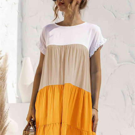 Color Block Round Neck Ruffle Hem Dress