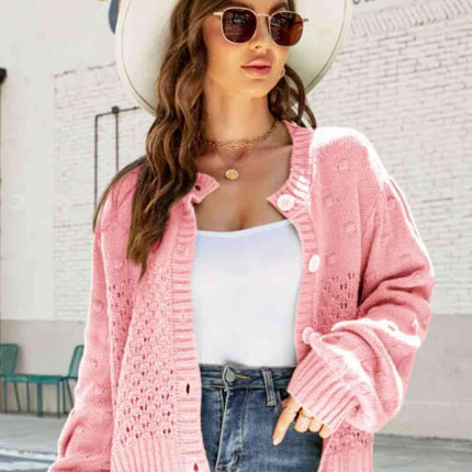 Woven Right Openwork Pompom Puff Sleeve Cardigan