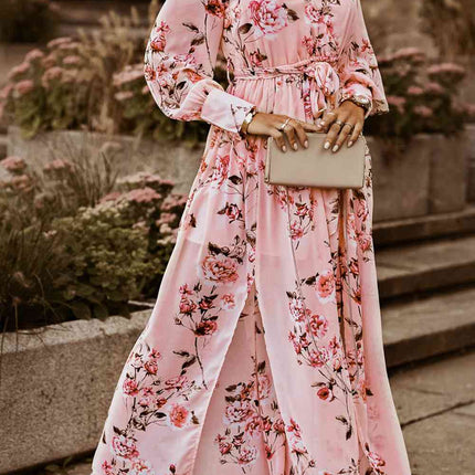 Floral Tie Belt Bishop Sleeve Slit Maxi Dress