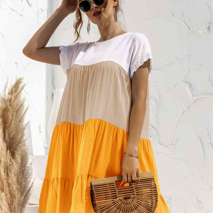 Color Block Round Neck Ruffle Hem Dress
