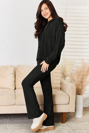 Basic Bae Full Size Ribbed Drawstring Hood Top and Straight Pants Set - Vickie Lynn's