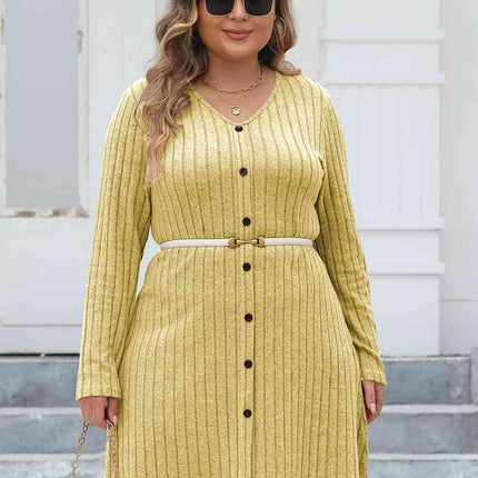 Plus Size Ribbed Buttoned V-Neck Long Sleeve Dress
