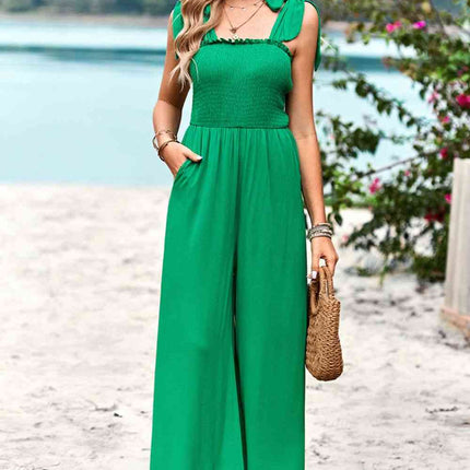 Frill Trim Tie Shoulder Wide Leg Jumpsuit with Pockets