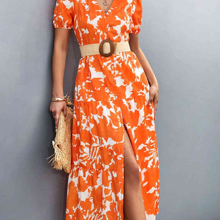 V-Neck Short Sleeve High Slit Midi Dress