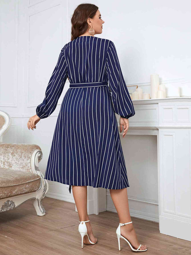 Melo Apparel Plus Size Striped Surplice Neck Long Sleeve Dress