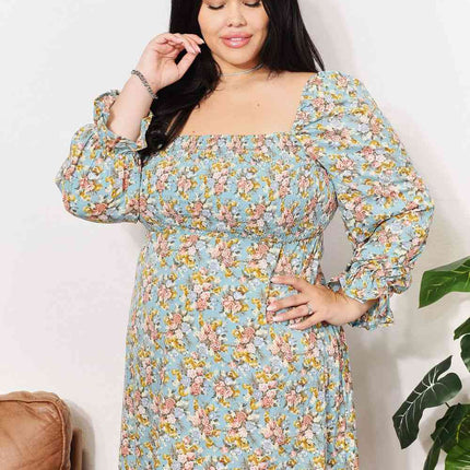 Double Take Floral Smocked Flounce Sleeve Square Neck Dress