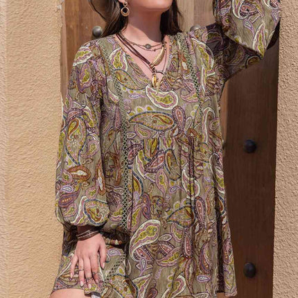 Plus Size Printed V-Neck Long Sleeve Midi Dress