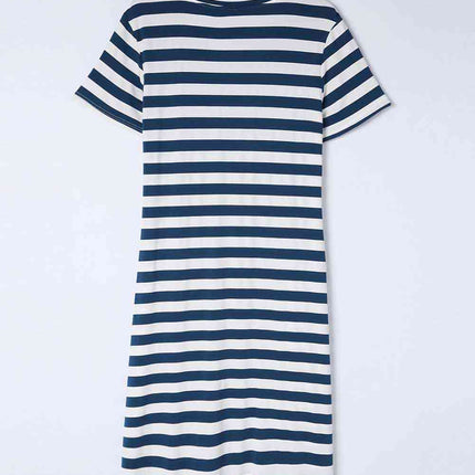 Striped V-Neck Short Sleeve Side Slit Dress
