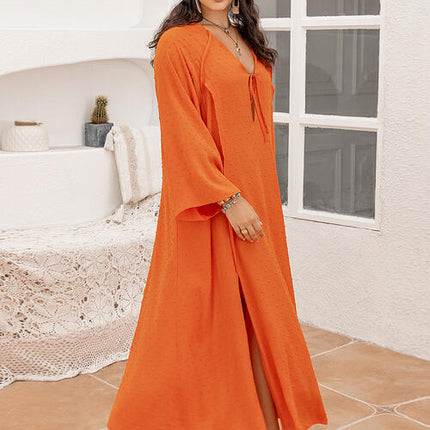 Plus Size Tie Neck Long Sleeve Slit Dress