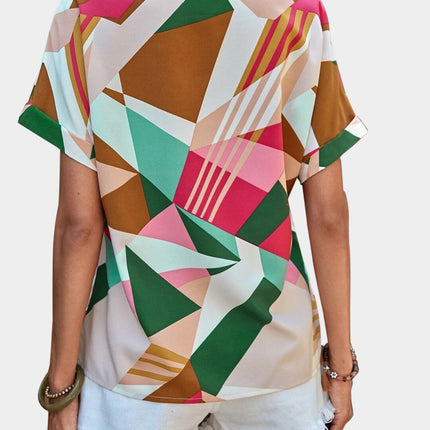 Printed V-Neck Short Sleeve Blouse