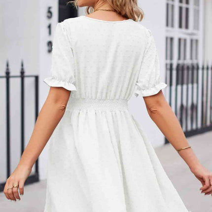 Swiss Dot Frill Trim Flounce Sleeve V-Neck Dress