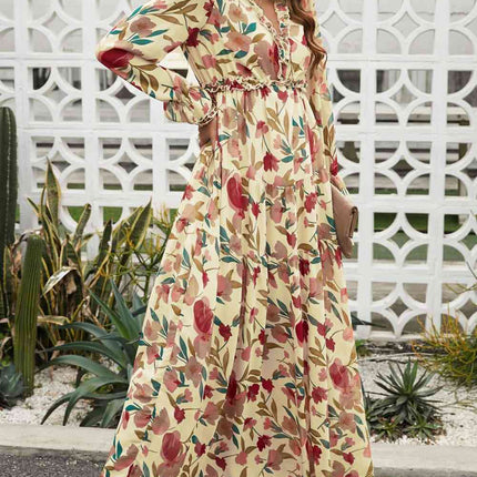 Floral Frill Trim Flounce Sleeve Plunge Maxi Dress - Vickie Lynn's