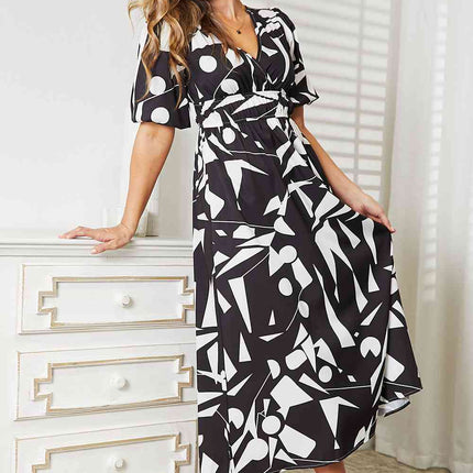 Double Take Printed Surplice Balloon Sleeve Dress - Vickie Lynn's