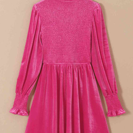 Smocked Round Neck Long Sleeve Dress - Vickie Lynn's