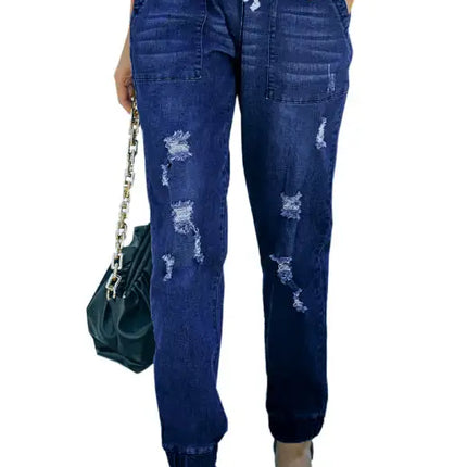 Joggers con bolsillos y cordón desgastado de ajuste relajado Vaqueros rotos 