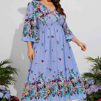 Plus Size Floral V-Neck Three-Quarter Sleeve Midi Dress