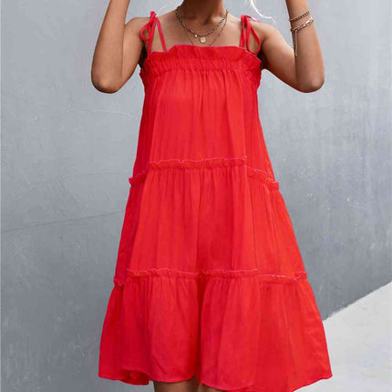 Tie-Shoulder Frill Trim Sleeveless Dress