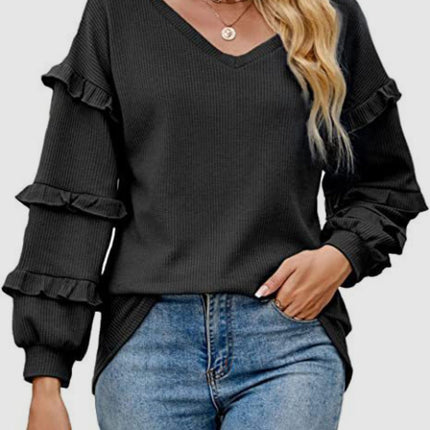 Ruffled V-Neck Long Sleeve T-Shirt