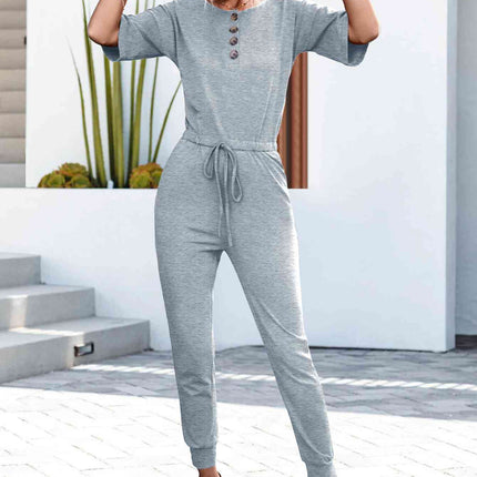 Buttoned Half Sleeve Round Neck Jumpsuit