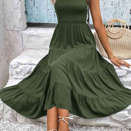 Tie-Shoulder Tiered Midi Dress
