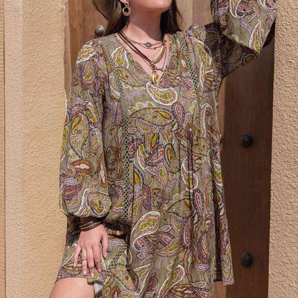 Plus Size Printed V-Neck Long Sleeve Midi Dress