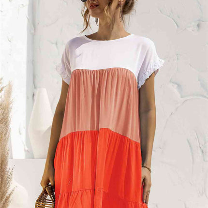 Color Block Round Neck Ruffle Hem Dress