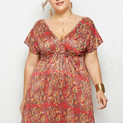 Women's Plus Size Deep V Print Dress