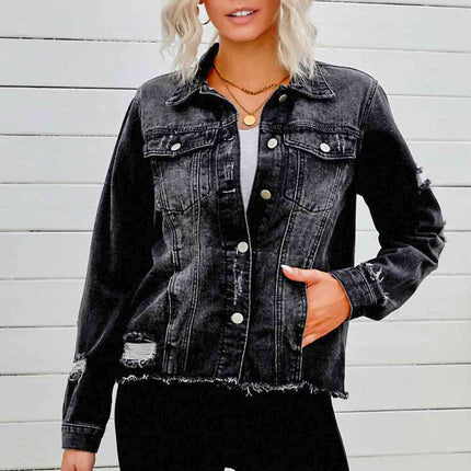 Distressed Raw Hem Denim Jacket - Vickie Lynn's