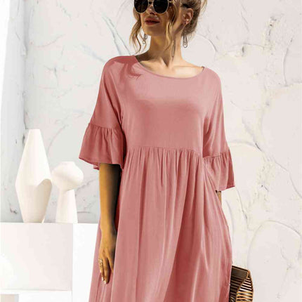 Boat Neck Flounce Sleeve Knee-Length Dress