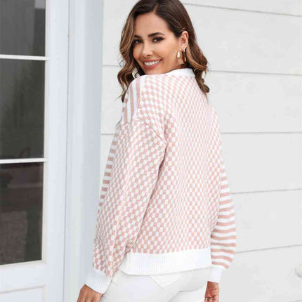Button-Down Stripe & Plaid Contrast Pattern Cardigan