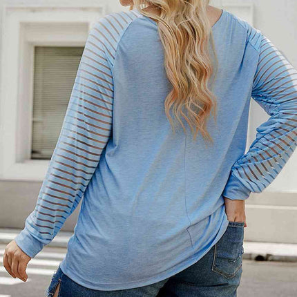 Plus Size Sheer Striped Sleeve V-Neck Top