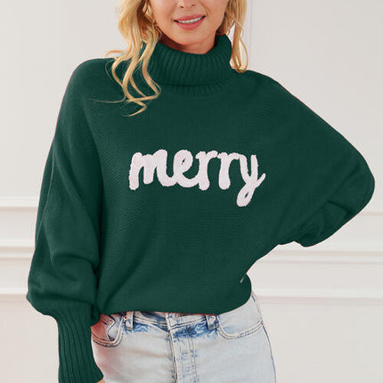 Merry Letter Embroidered High Neck Sweater - Vickie Lynn's