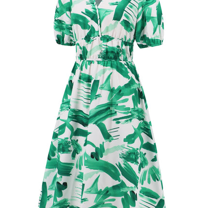 Ruched Printed Surplice Short Sleeve Dress