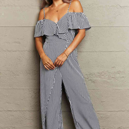 Striped Spaghetti Strap Cold-Shoulder Jumpsuit
