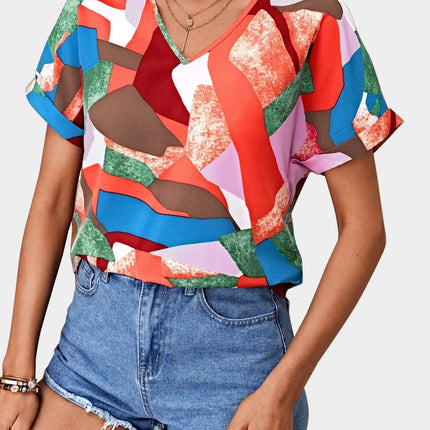 Printed V-Neck Short Sleeve Blouse