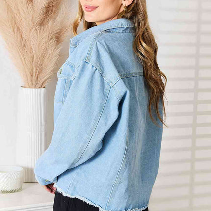 Double Take Dropped Shoulder Raw Hem Denim Jacket
