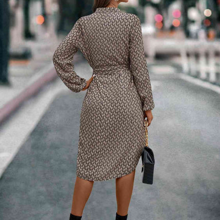 Printed Notched Tie Front Long Sleeve Dress