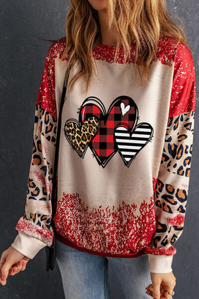 Heart Leopard Round Neck Sweatshirt - Vickie Lynn's