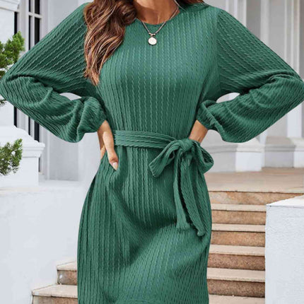 Round Neck Tie Front Long Sleeve Dress